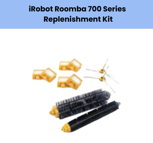 iRobot Roomba 700 Series replenishment kit – includes 3 orange HEPA filters, 2 main brush rollers with yellow end caps, and 2 white side brushes – genuine replacement parts for Roomba 760, 770, 780, 790 models
