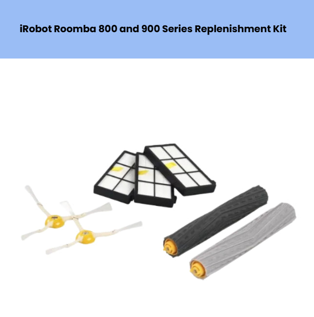 iRobot Roomba 800 and 900 Series replenishment kit – includes 3 black HEPA filters, 2 main roller brushes (black and gray), and 2 white side brushes with yellow centers – genuine replacement parts for Roomba 880, 890, 960, 980 models