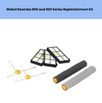 iRobot Roomba 800 and 900 Series replenishment kit – includes 3 black HEPA filters, 2 main roller brushes (black and gray), and 2 white side brushes with yellow centers – genuine replacement parts for Roomba 880, 890, 960, 980 models