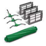 iRobot replenishment kit with three filters, three green edge brushes and one rubber roller