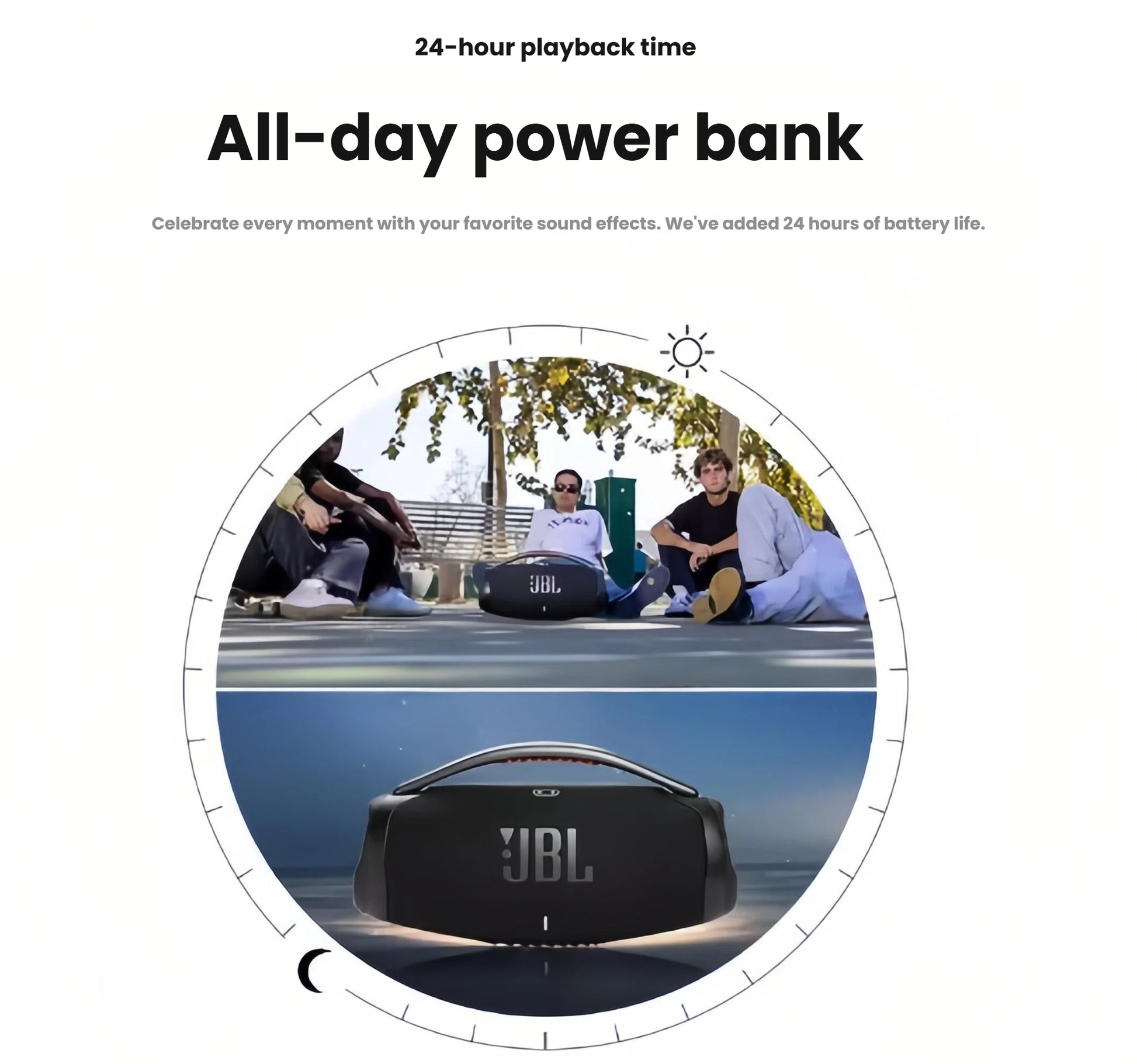An infographic illustrating the JBL Boombox 3's 24-hour playback time, which functions as an all-day power bank to keep the party going from morning to night