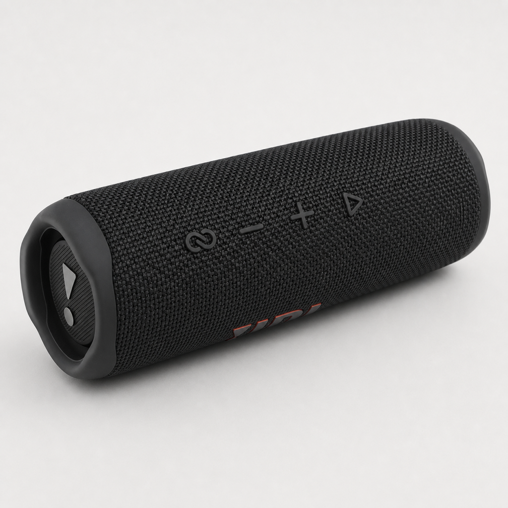 JBL Flip 6 black speaker side view with playback and volume buttons