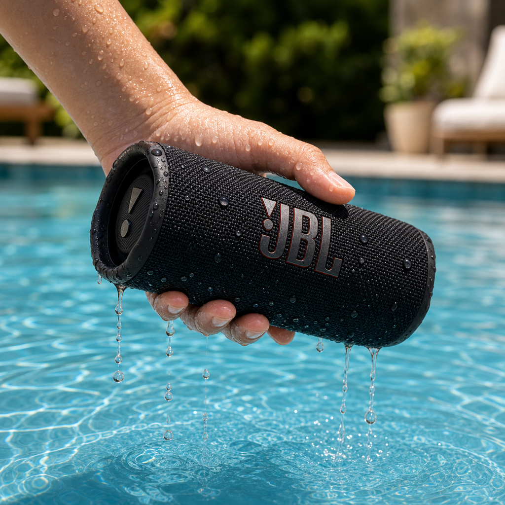 JBL Flip 6 IP67 waterproof speaker with water droplets, outdoor use