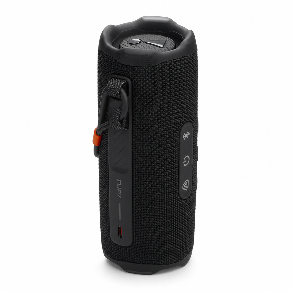 JBL Flip 7 black speaker rear controls and carry loop