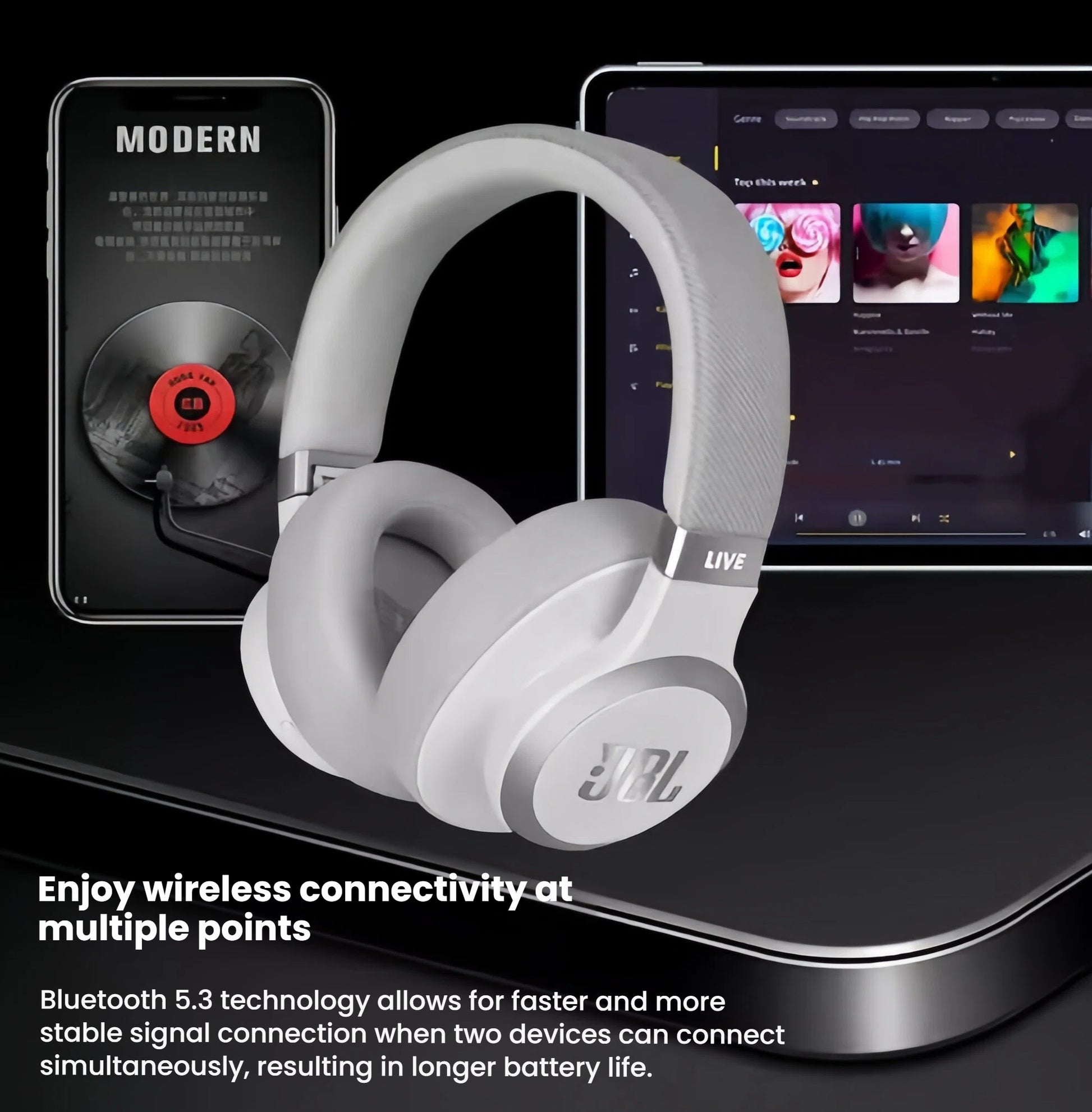 The white JBL Live 770NC headphones in front of a phone and tablet, demonstrating the seamless Bluetooth 5.3 multi-point connection to two devices simultaneously.