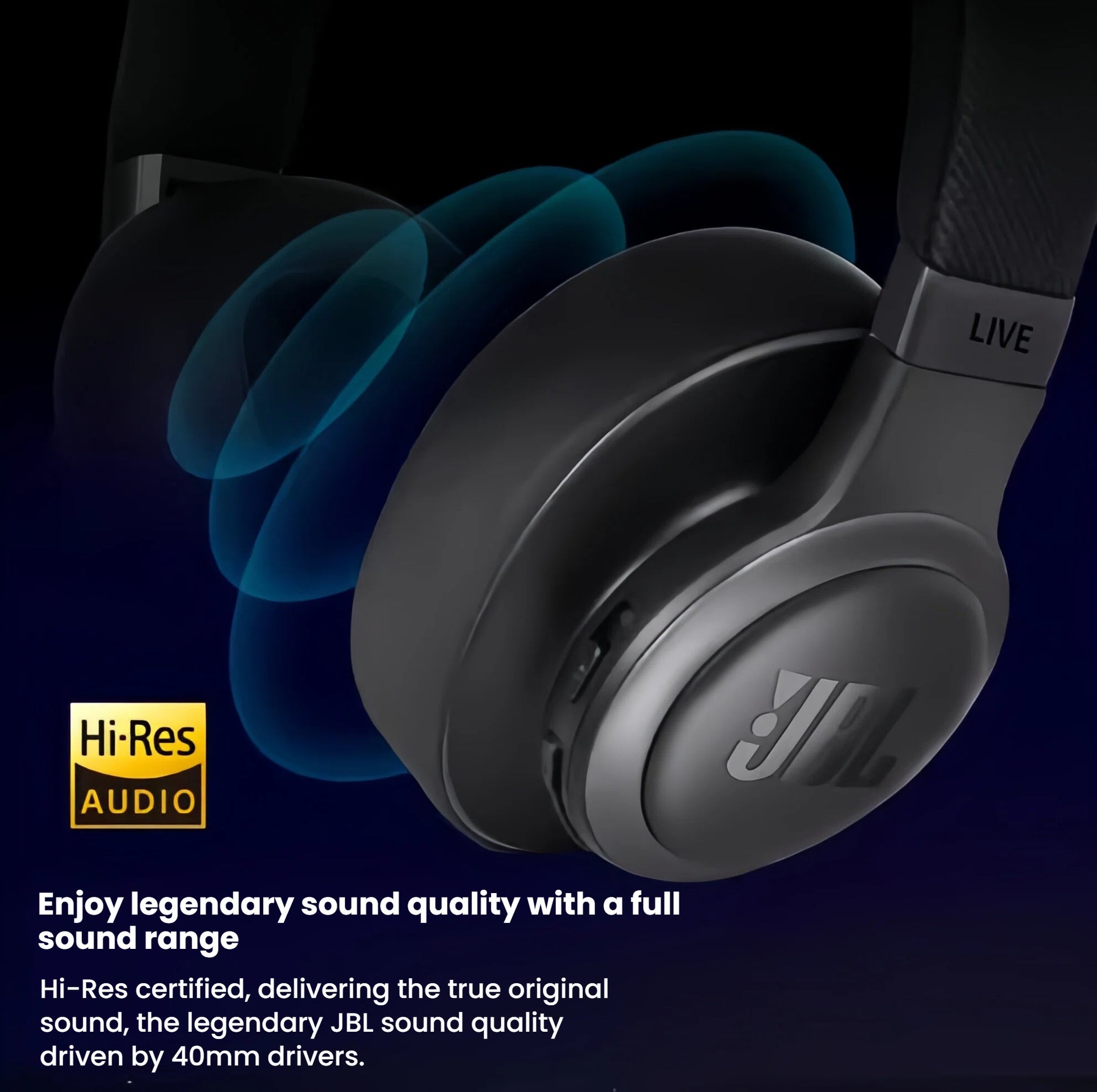 A close-up of the black JBL Live 770NC earcup with the Hi-Res Audio logo, illustrating the legendary sound quality delivered by the 40mm drivers.