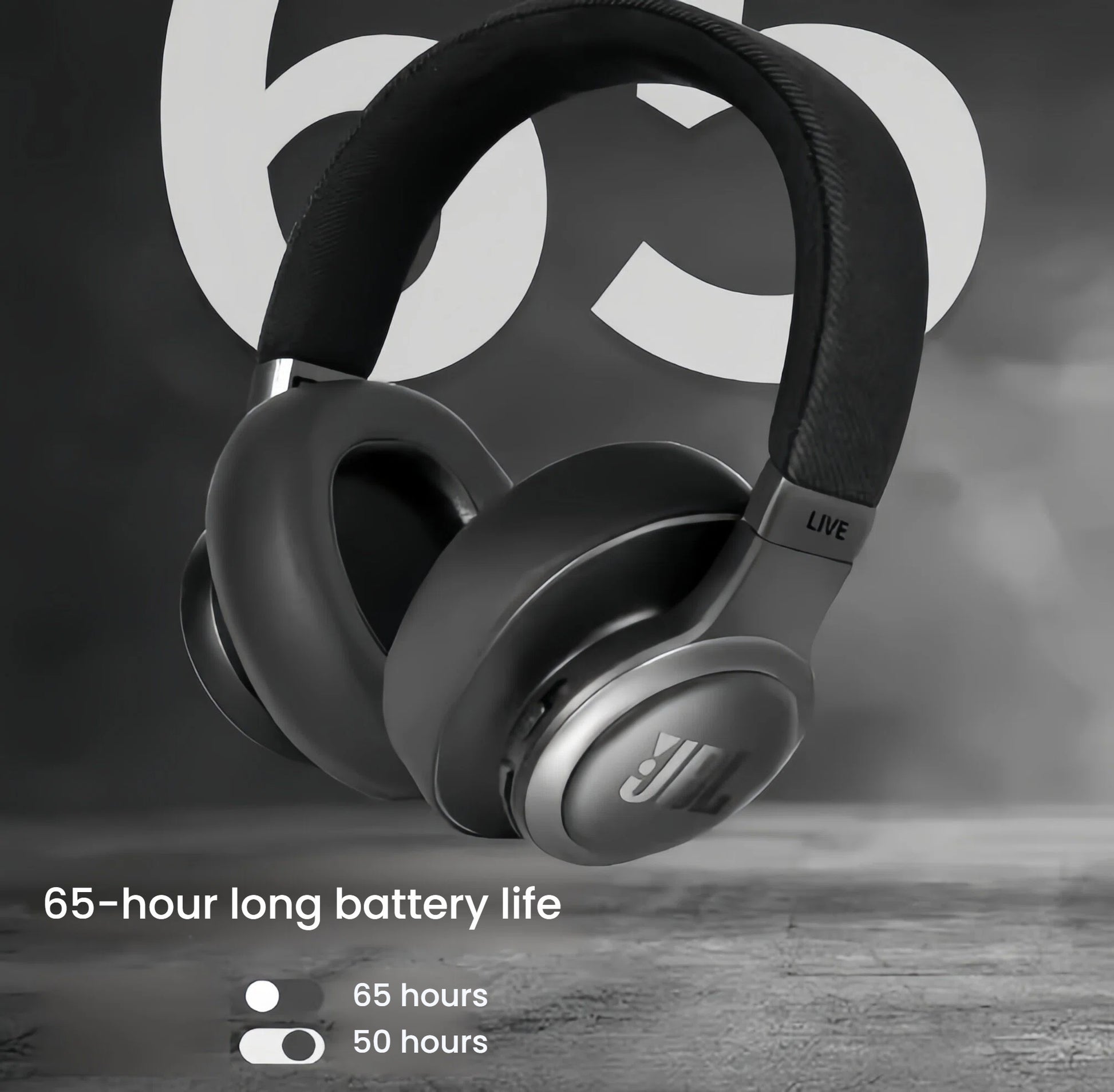The black JBL Live 770NC headphones showcasing their 65-hour long battery life (50 hours with ANC on) for extended listening sessions.