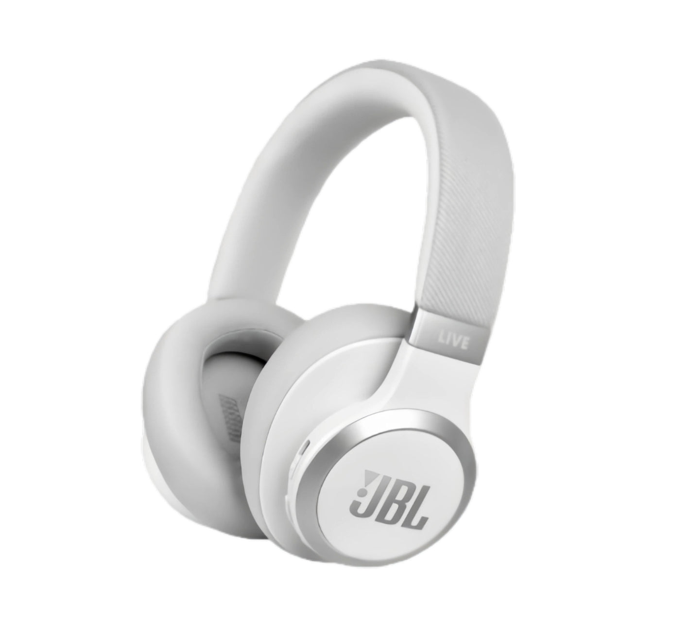 A clear studio product shot of the JBL Live 770NC wireless true adaptive noise-cancelling over-ear headphones in the White color.