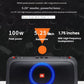  An infographic detailing the powerful bass of the JBL PartyBox On-The-Go Essential, with 100W of peak power from its 5.25-inch subwoofer and 1.75-inch tweeters