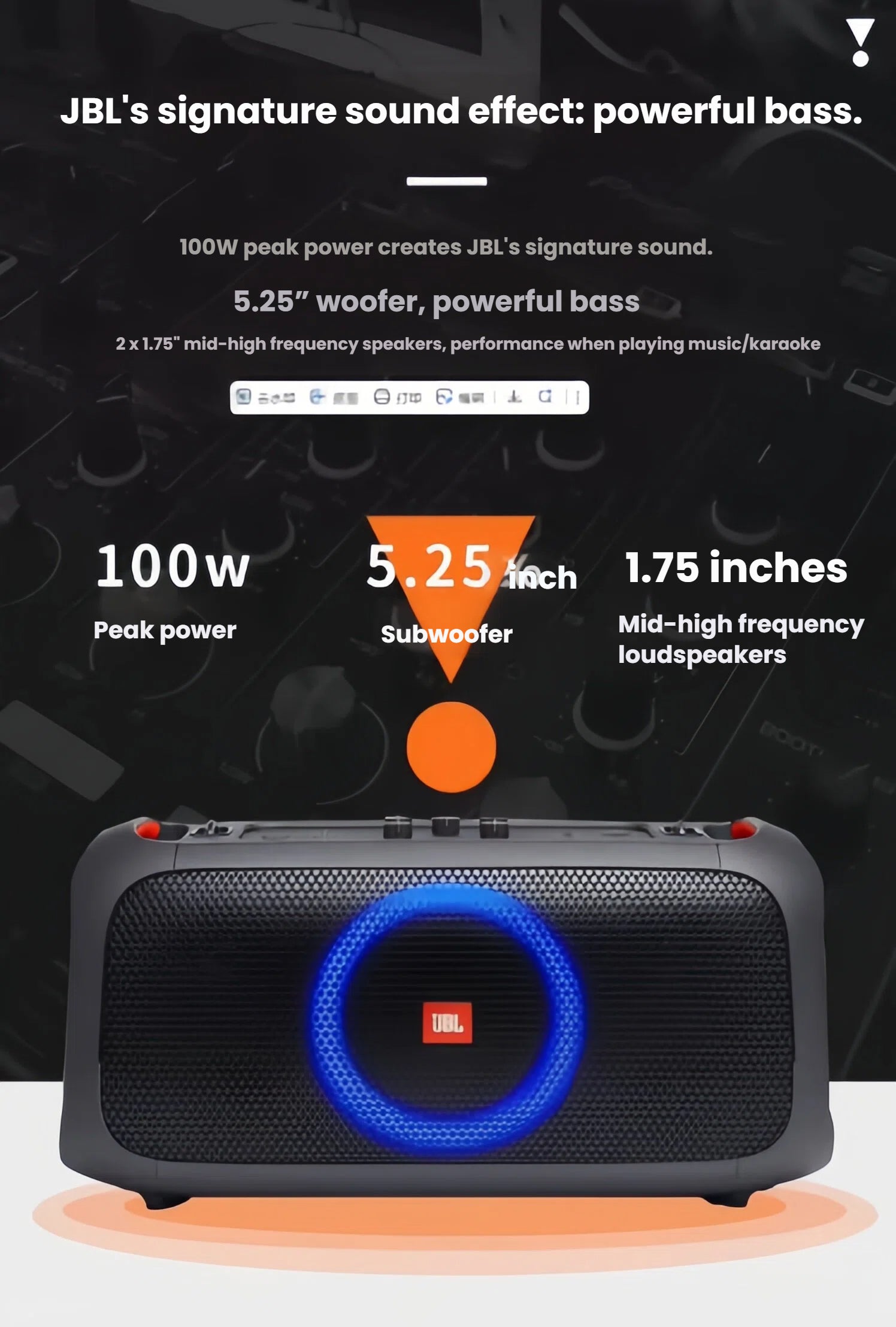  An infographic detailing the powerful bass of the JBL PartyBox On-The-Go Essential, with 100W of peak power from its 5.25-inch subwoofer and 1.75-inch tweeters