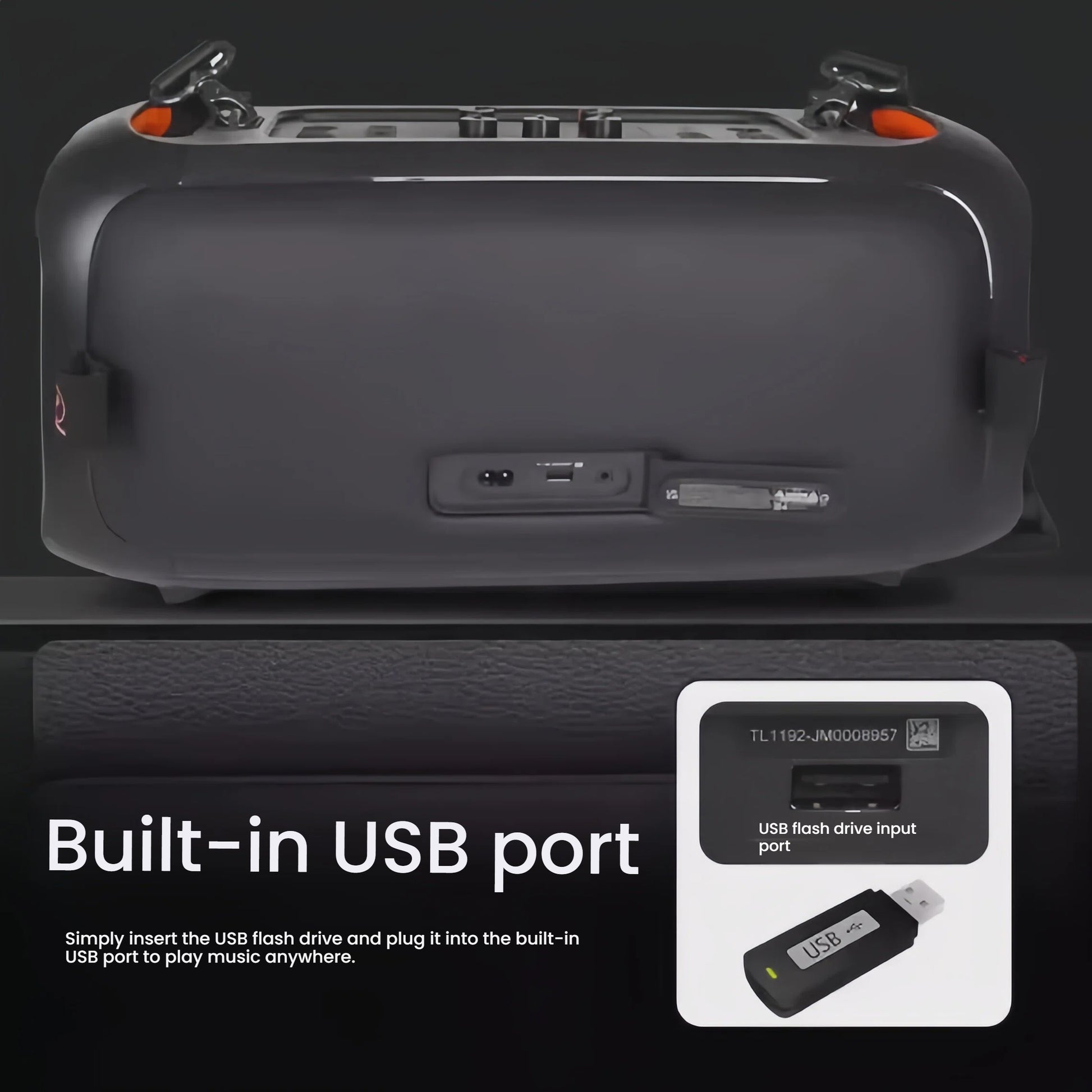 A close-up of the back of the JBL PartyBox On-The-Go Essential, showing the built-in USB port for playing music directly from a flash drive.