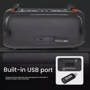 A close-up of the back of the JBL PartyBox On-The-Go Essential, showing the built-in USB port for playing music directly from a flash drive.