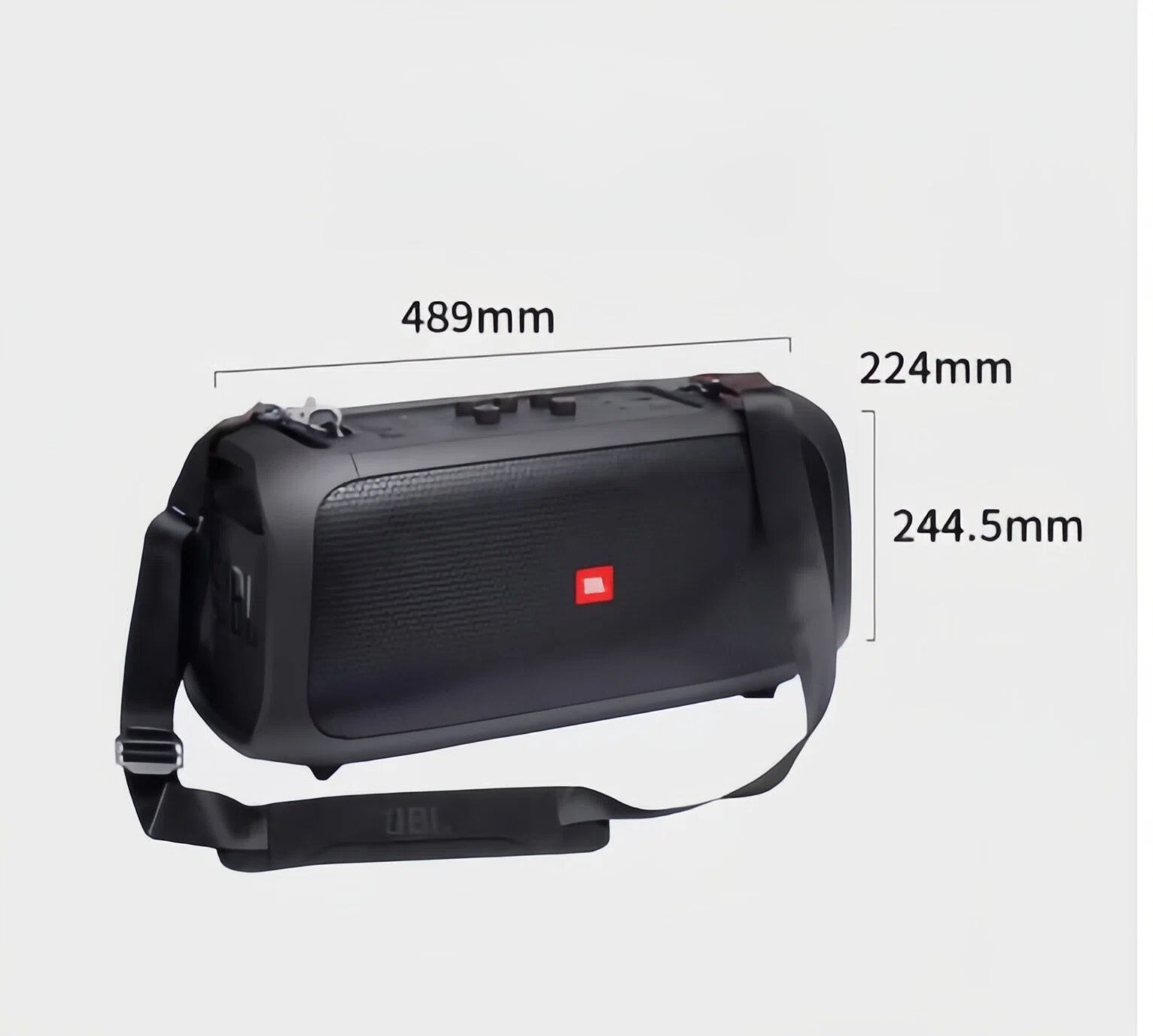 The JBL PartyBox On-The-Go Essential portable speaker with its shoulder strap, showing its dimensions: 489mm length, 224mm height, and 244.5mm depth.
