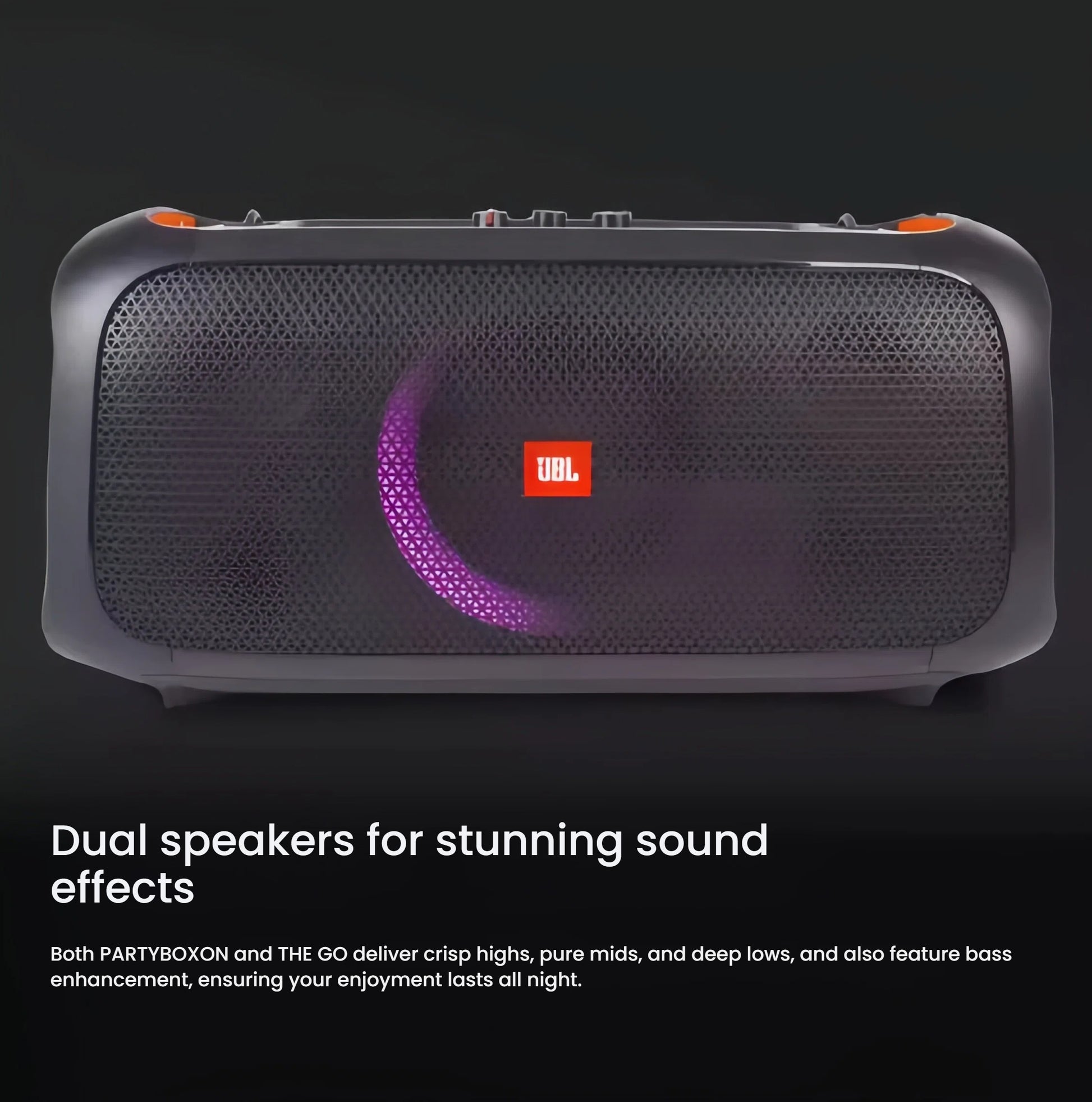 The JBL PartyBox On-The-Go Essential speaker with its purple light show, highlighting the dual speakers that deliver stunning sound effects with deep bass.