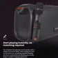 A close-up of the JBL PartyBox On-The-Go Essential with an included wireless microphone attached, demonstrating the instant-play feature with no pairing required.