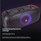 The JBL PartyBox On-The-Go Essential showcasing its dazzling light show and the top control panel with advanced performance settings for adjusting karaoke vocals.