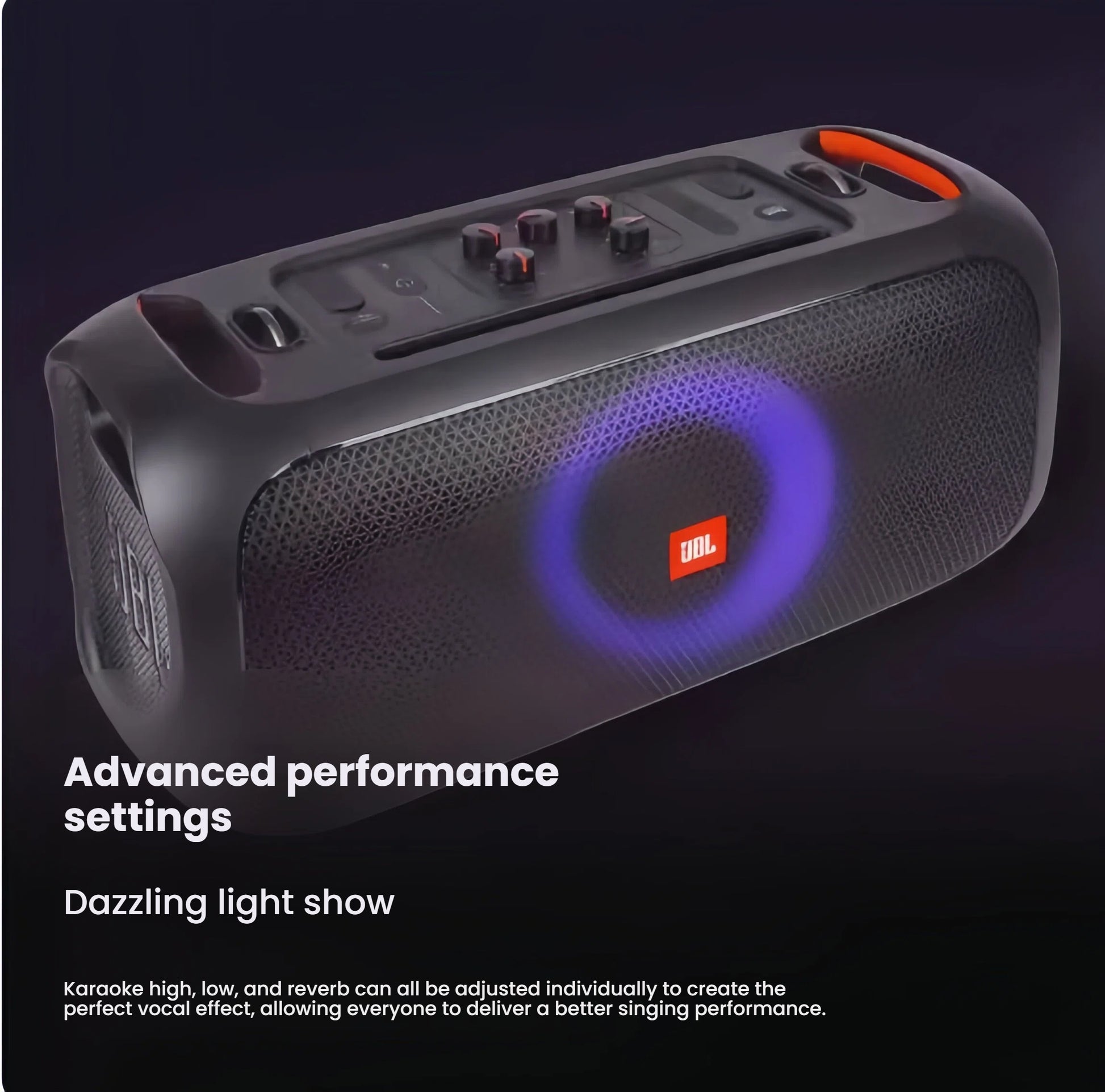 The JBL PartyBox On-The-Go Essential showcasing its dazzling light show and the top control panel with advanced performance settings for adjusting karaoke vocals.
