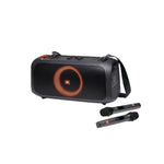 The JBL PartyBox On-The-Go Essential portable party speaker with its dynamic light ring and two included wireless microphones for karaoke.