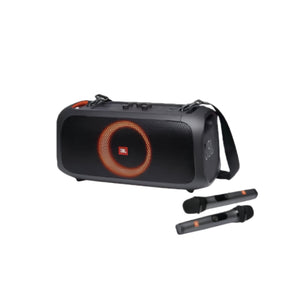The JBL PartyBox On-The-Go Essential portable party speaker with its dynamic light ring and two included wireless microphones for karaoke.