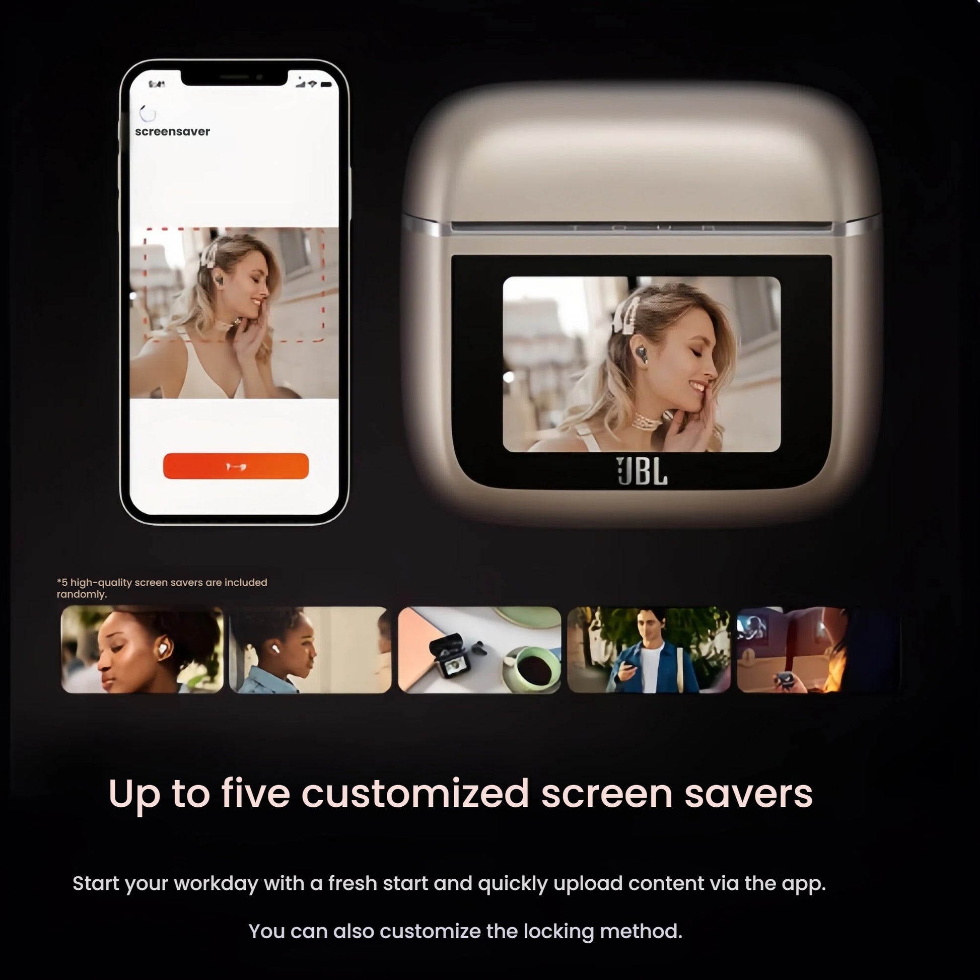  A demonstration of how to customize the JBL Tour Pro 3 smart case with up to five personal photos as screen savers using the JBL Headphones app.