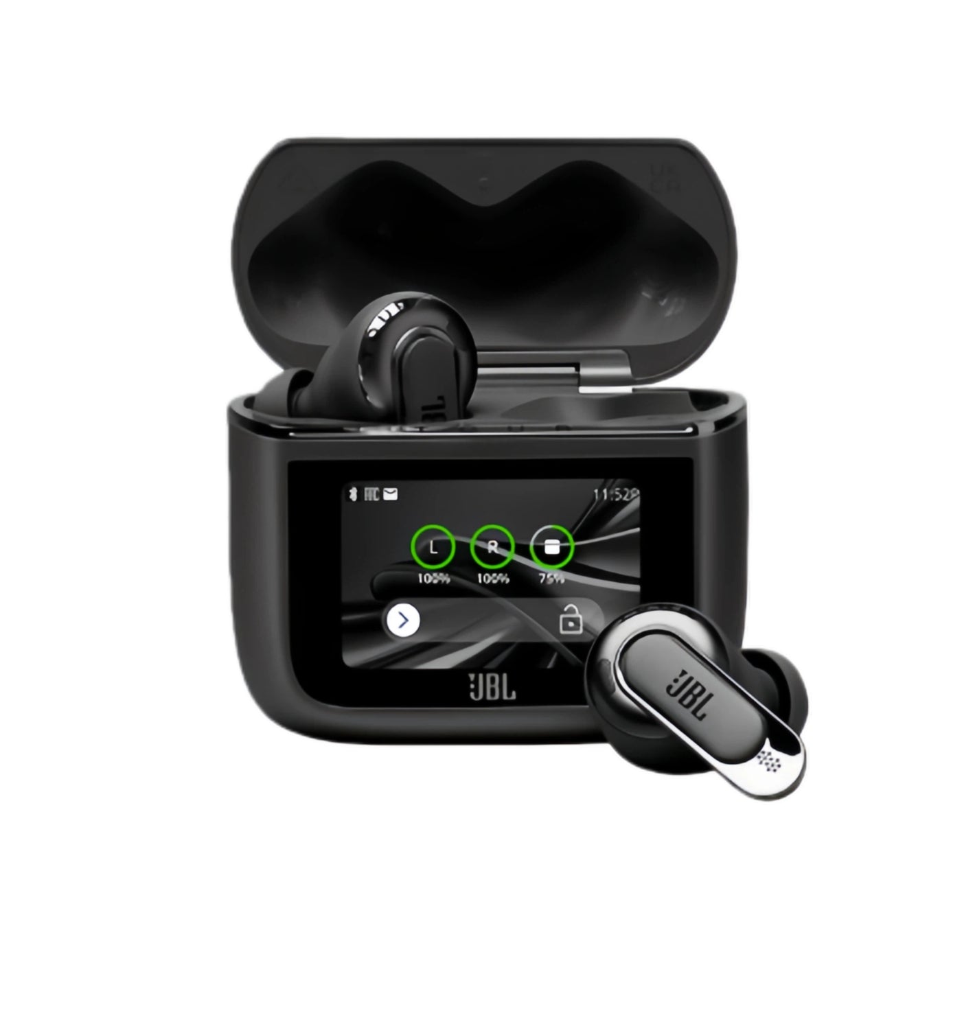 The JBL Tour Pro 3 TWS noise-cancelling earbuds in Black, shown with the revolutionary smart charging case open and its touch screen displaying earbud status