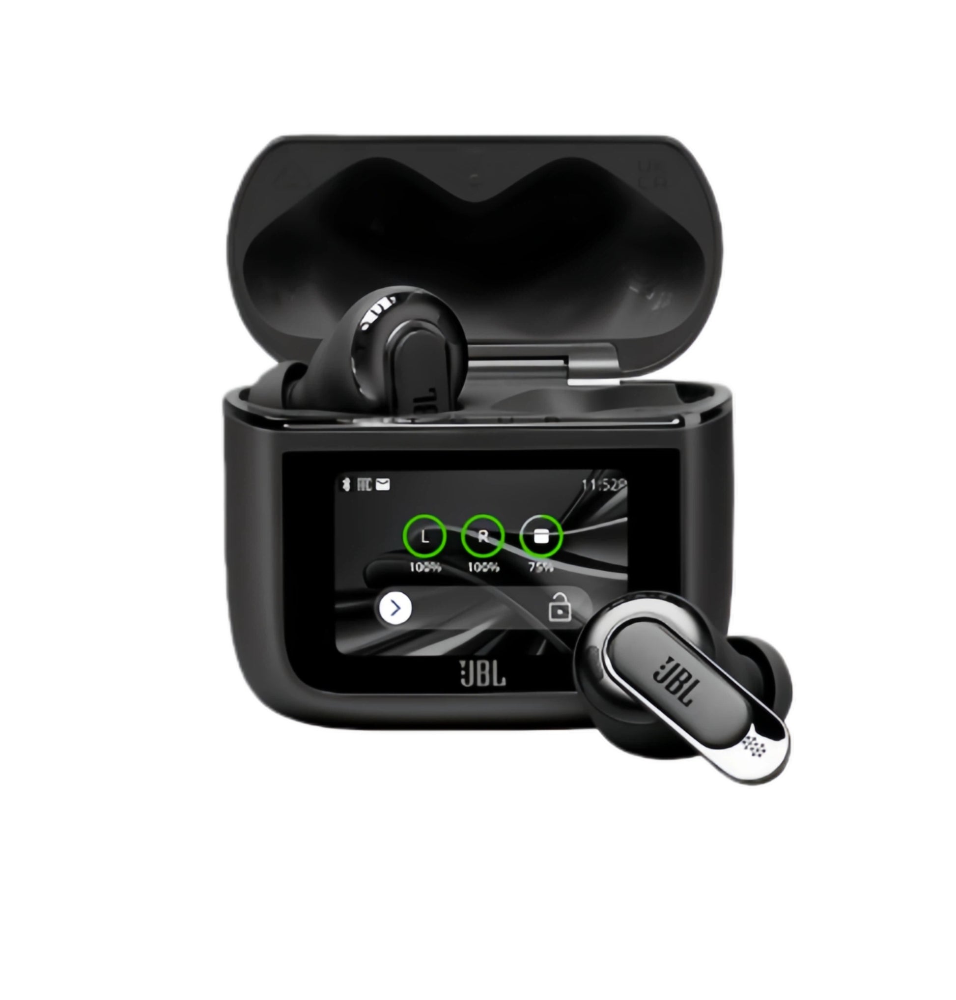 The JBL Tour Pro 3 TWS noise-cancelling earbuds in Black, shown with the revolutionary smart charging case open and its touch screen displaying earbud status