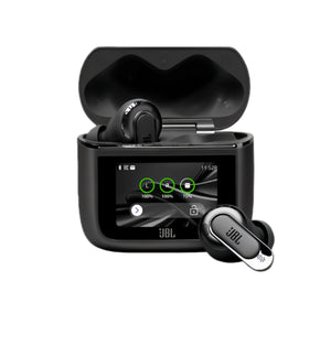 The JBL Tour Pro 3 TWS noise-cancelling earbuds in Black, shown with the revolutionary smart charging case open and its touch screen displaying earbud status