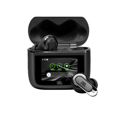 The JBL Tour Pro 3 TWS noise-cancelling earbuds in Black, shown with the revolutionary smart charging case open and its touch screen displaying earbud status
