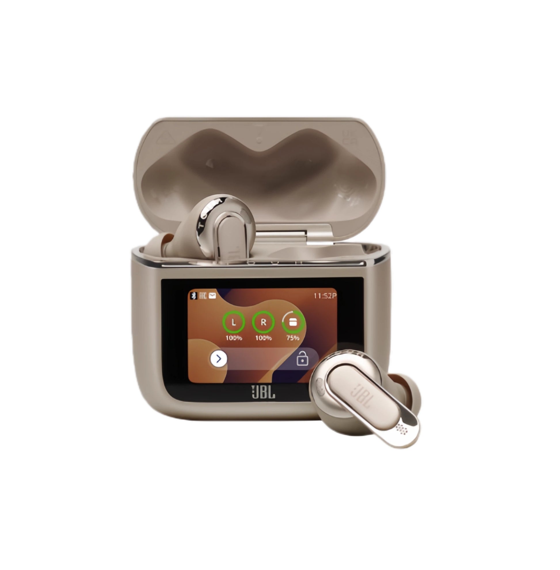 The JBL Tour Pro 3 TWS noise-cancelling earbuds in Champagne, shown with the revolutionary smart charging case open and its touch screen displaying earbud status.