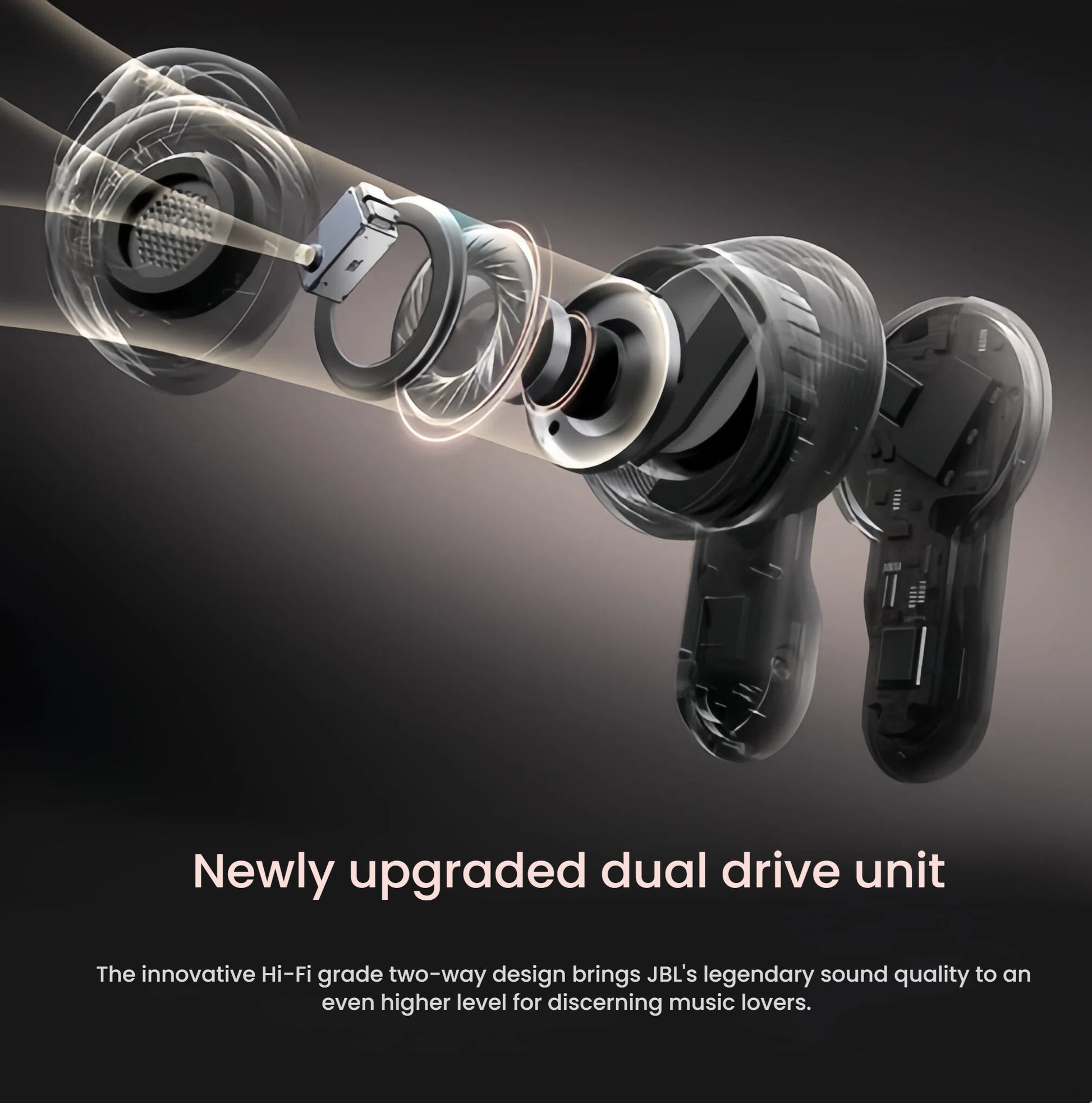 A technical exploded view of the JBL Tour Pro 3 earbud, revealing the newly upgraded dual drive unit designed for legendary Hi-Fi grade sound quality.