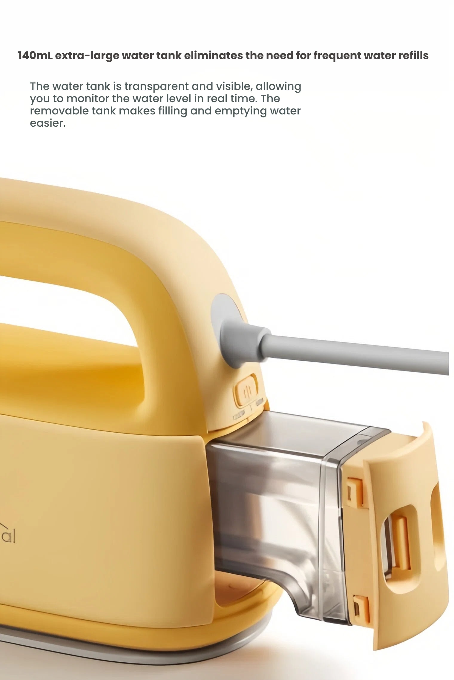  Close-up view of the Keheal garment steamer's easy-to-refill, 140ml extra-large detachable and transparent water tank.