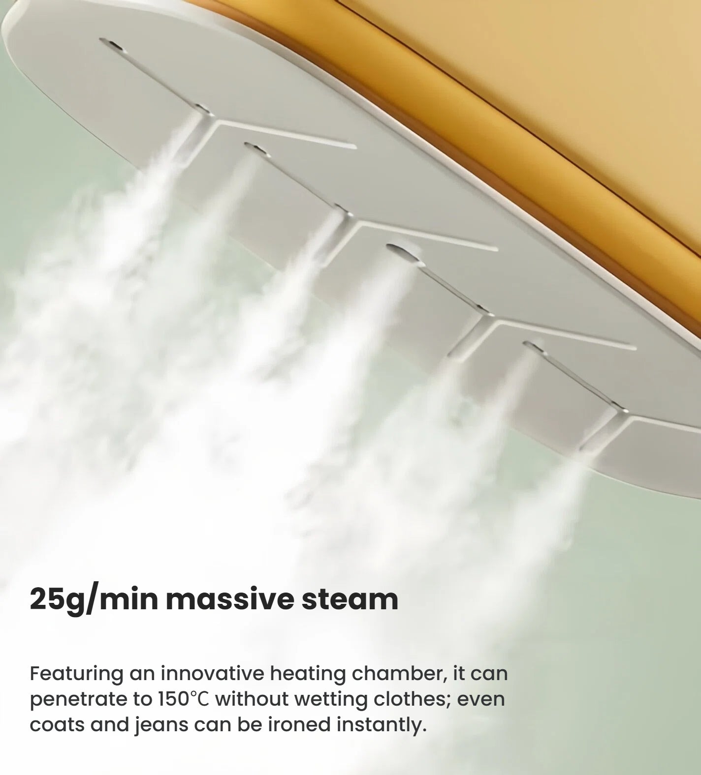 An infographic showing the powerful 25g/min massive steam output from the Keheal handheld steamer, which penetrates fabric to instantly remove wrinkles.