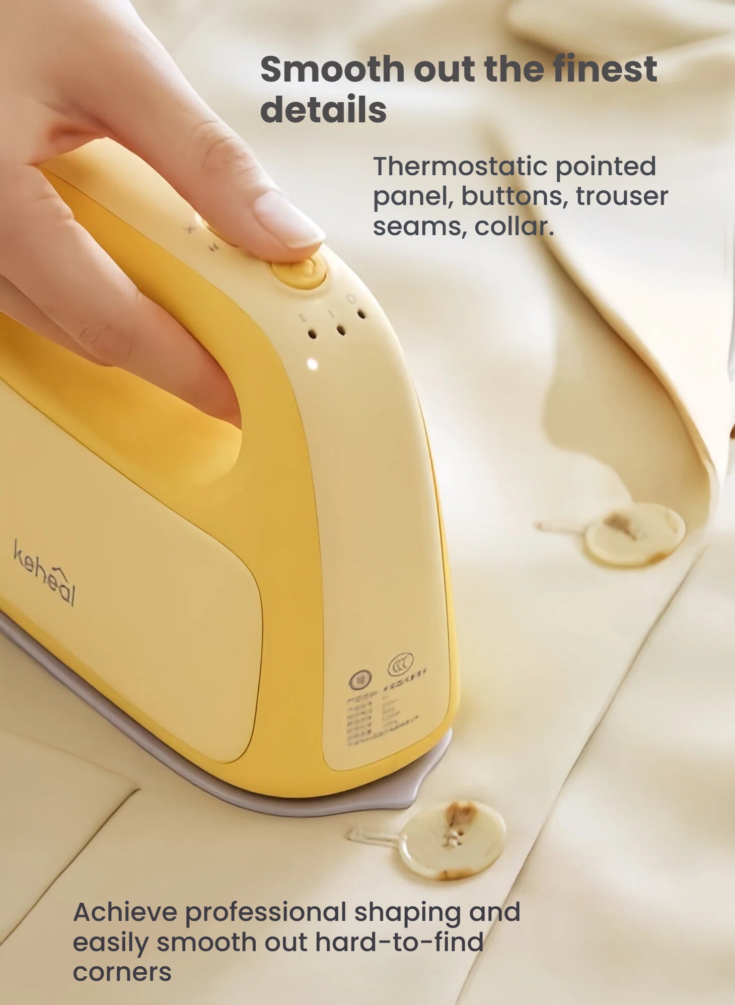 Infographic demonstrating how the Keheal portable iron's thermostatic pointed panel allows you to smooth out the finest details around buttons, trouser seams, and collars.