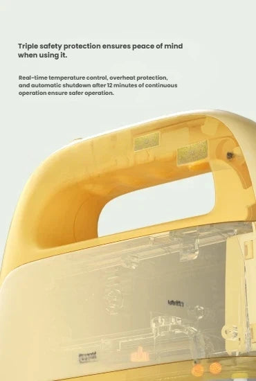 An inside look at the Keheal portable steamer, highlighting its triple safety protection features including overheat protection and a 12-minute automatic shutdown.