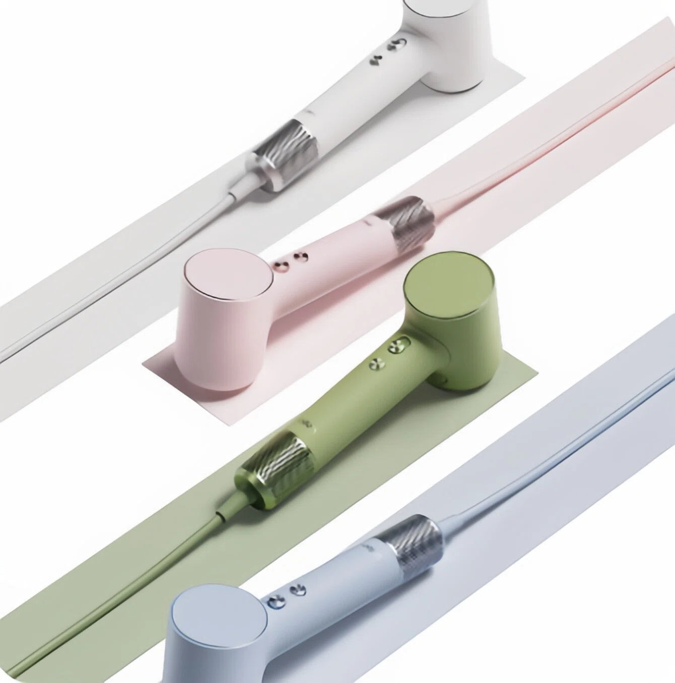  All available stylish color options for the Laifen Mini travel hair dryer: White, Pink, Green, and Blue, displayed in a row.