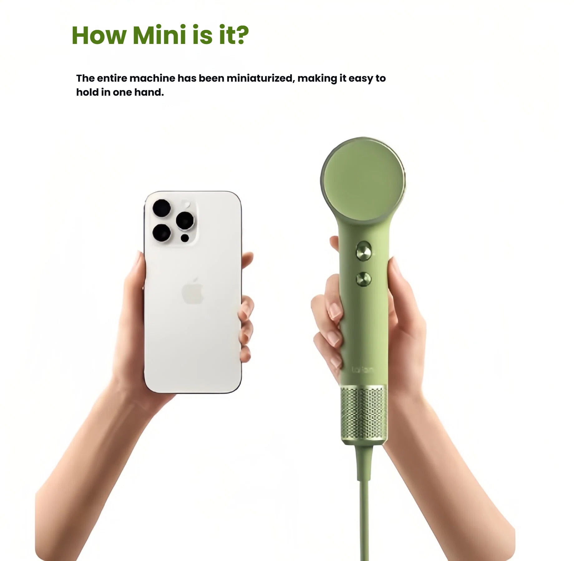 A size comparison showing how compact the Laifen Mini hair dryer is, easily held in one hand next to a smartphone to demonstrate its portability