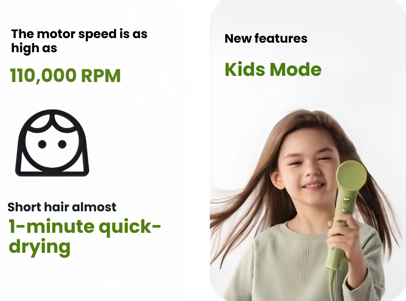 A young girl holding the Laifen Mini hair dryer to demonstrate its new Kids Mode feature and its ability to quick-dry short hair in about one minute.