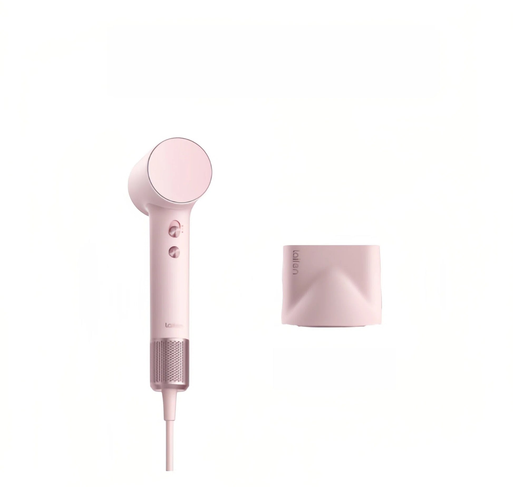  The Laifen Mini high-speed hair dryer in white, shown next to its included magnetic smooth nozzle attachment against a white background.