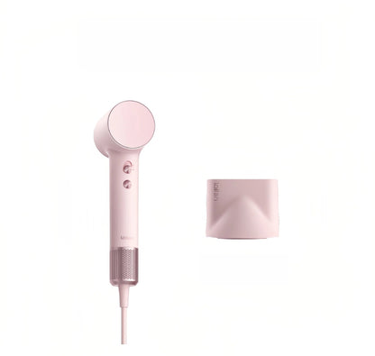  The Laifen Mini high-speed hair dryer in white, shown next to its included magnetic smooth nozzle attachment against a white background.