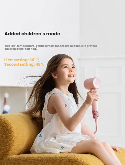  A young girl happily using the Laifen SE 2, demonstrating the newly added children's mode with low-temperature settings to protect fine, soft hair.