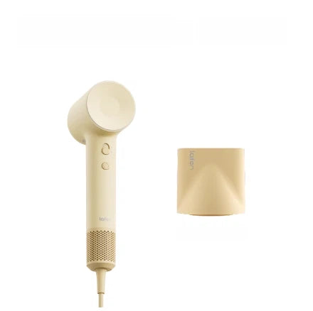  The Laifen SE 2 high-speed hair dryer in the Yellow color, shown next to its included magnetic smooth nozzle attachment.