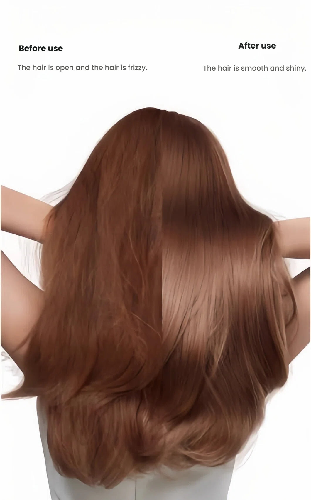 A before-and-after comparison showing hair that is frizzy before using the Laifen SE and smooth and shiny after use, demonstrating its anti-frizz effect.