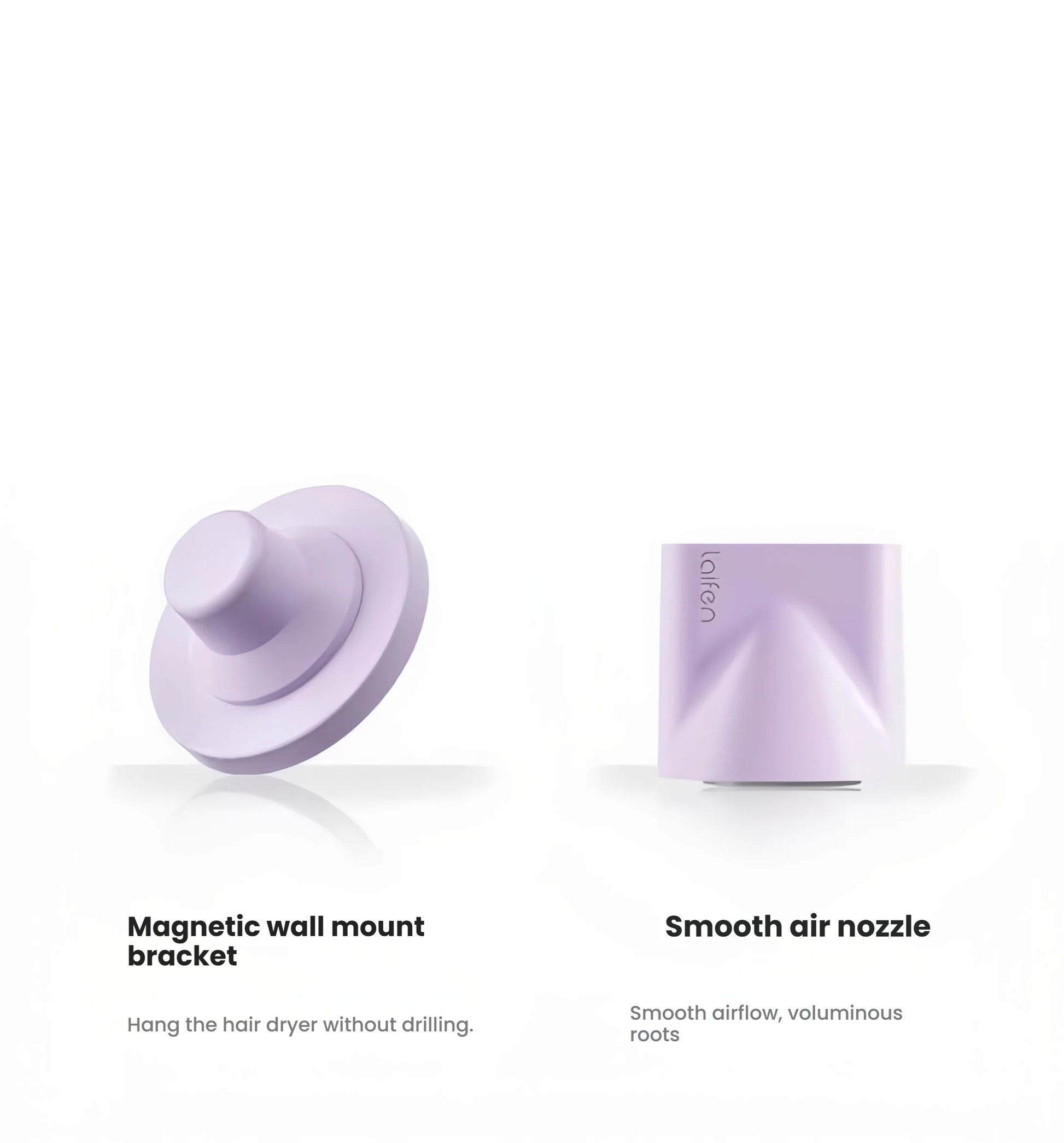 The included magnetic accessories for the Laifen SE hair dryer: the no-drill wall mount bracket and the smooth air nozzle for styling.