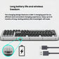 Infographic showcasing the long battery life and wireless freedom of the Logitech Alto Keys K98M keyboard, featuring its convenient USB-C charging port.