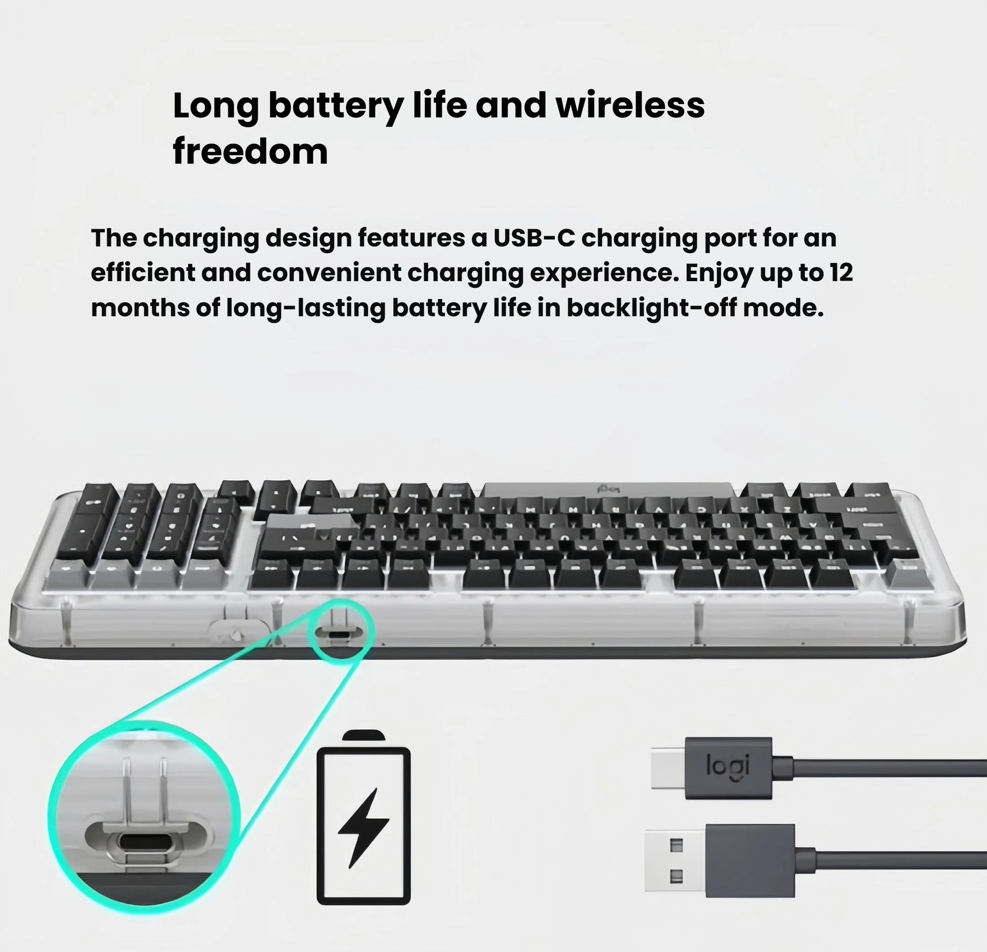 Infographic showcasing the long battery life and wireless freedom of the Logitech Alto Keys K98M keyboard, featuring its convenient USB-C charging port.