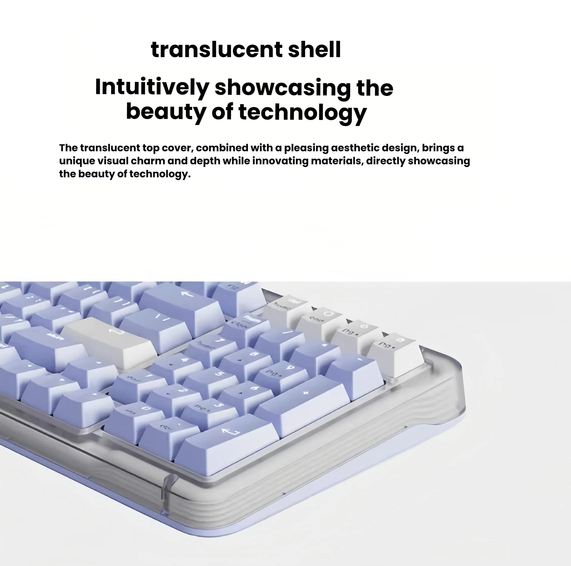 Close-up on the corner of the blue Logitech Alto Keys K98M keyboard, highlighting its unique and aesthetic translucent shell design.