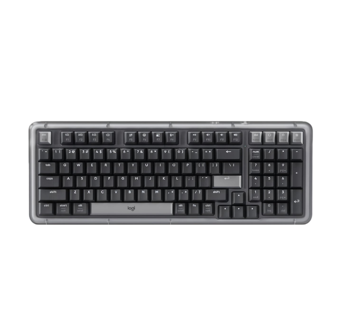 Top-down view of the Logitech Alto Keys K98M wireless mechanical keyboard in a sleek black color with a translucent shell.