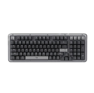 Top-down view of the Logitech Alto Keys K98M wireless mechanical keyboard in a sleek black color with a translucent shell.