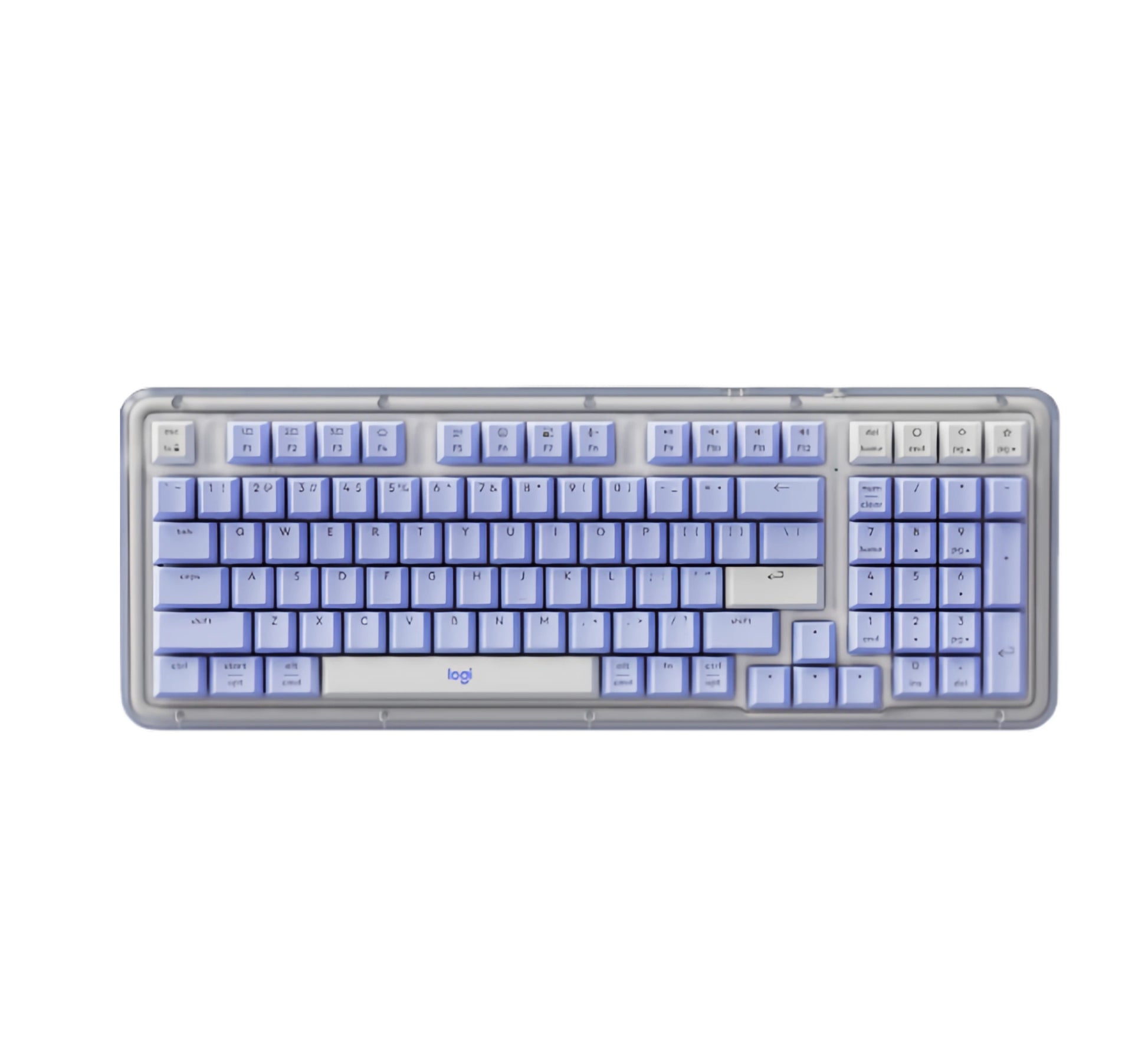 Top-down view of the Logitech Alto Keys K98M wireless mechanical keyboard in a stylish periwinkle blue color with its translucent frame.