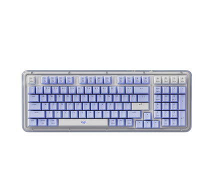 Top-down view of the Logitech Alto Keys K98M wireless mechanical keyboard in a stylish periwinkle blue color with its translucent frame.
